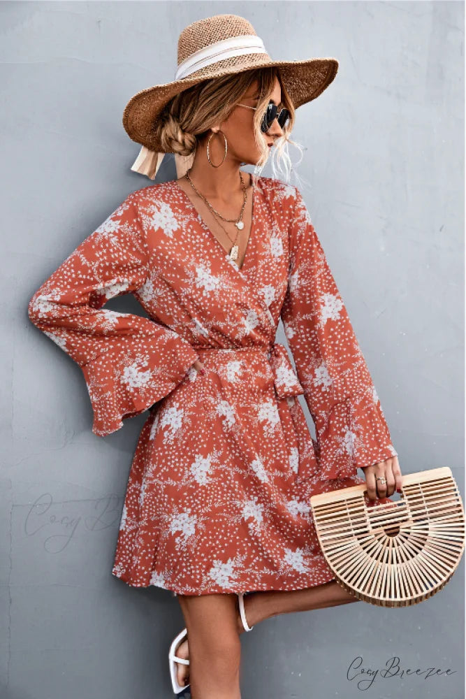 V-Neck Flared Sleeve Printed Strap Dress S / green