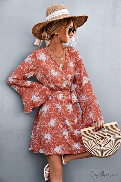 V-Neck Flared Sleeve Printed Strap Dress S / green