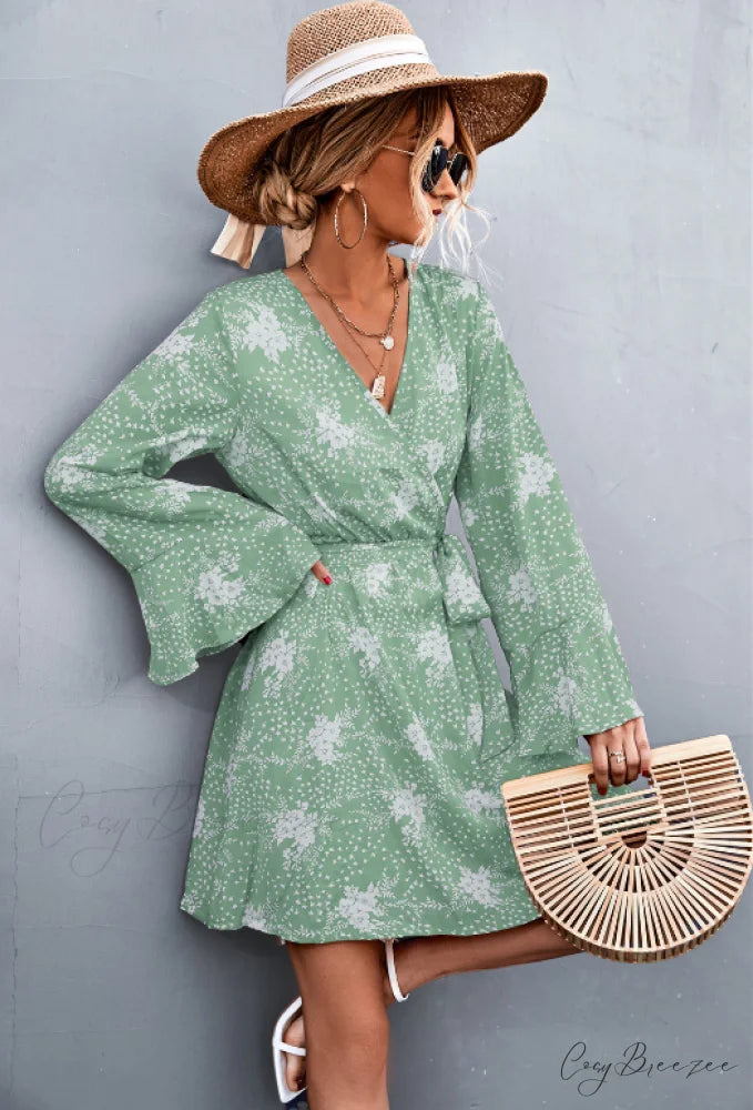 V-Neck Flared Sleeve Printed Strap Dress XL / apricot