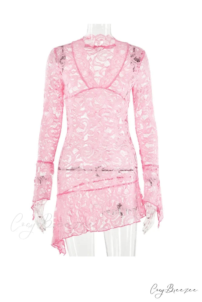 V Neck Flares Sleeve Lace Dress