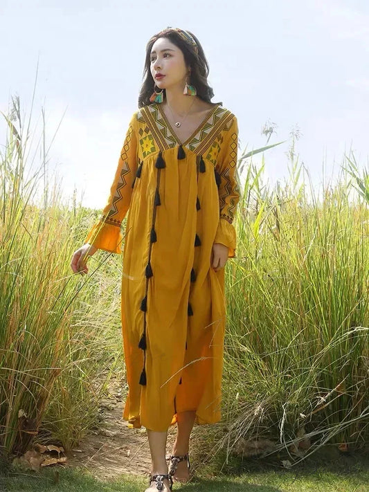 V-neck Floral A-line Lantern Sleeve Cotton Boho Dress bohodress-250126