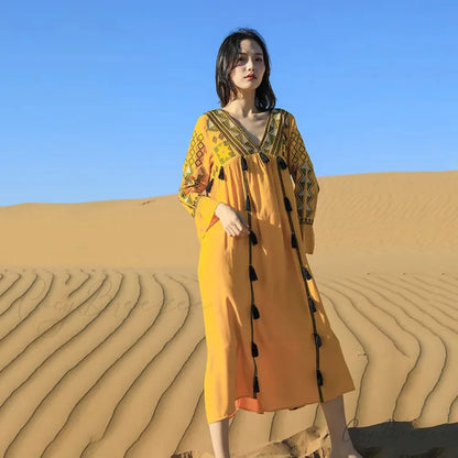 V-neck Floral A-line Lantern Sleeve Cotton Boho Dress Yellow / S bohodress-250126