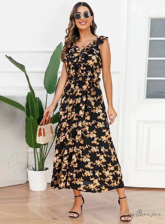 V-Neck Floral Pleated Dress
