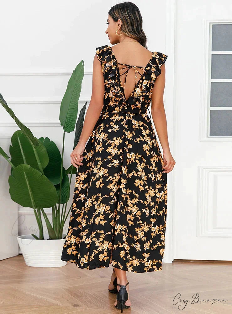 V-Neck Floral Pleated Dress