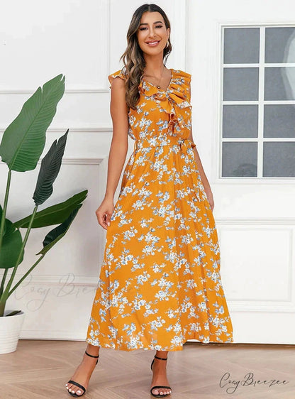 V-Neck Floral Pleated Dress