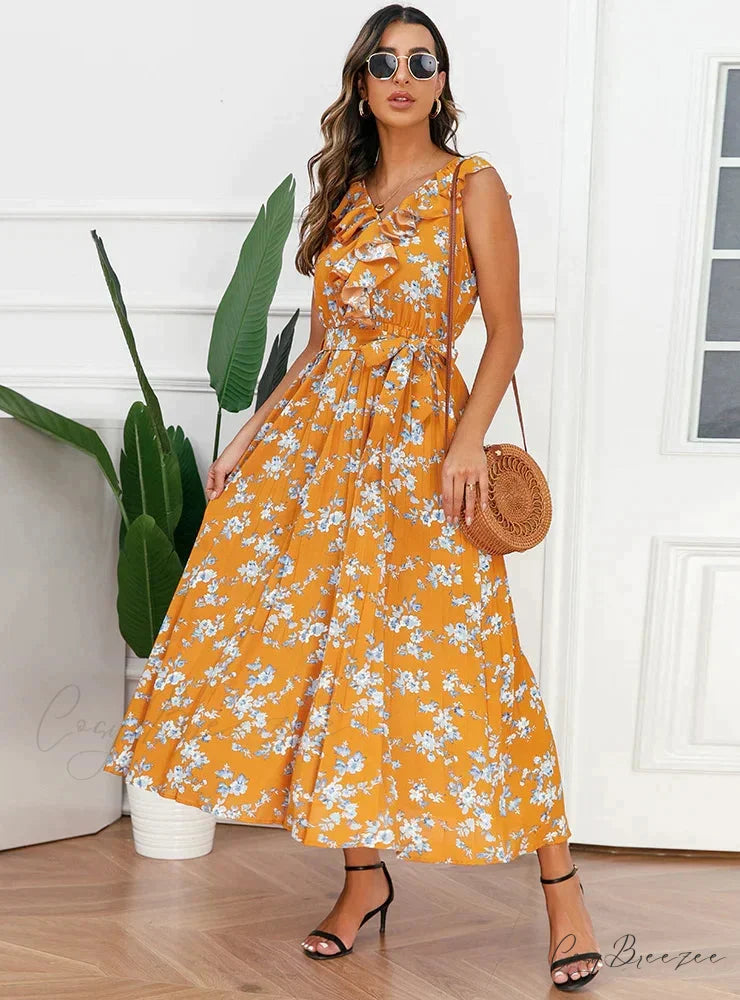V-Neck Floral Pleated Dress