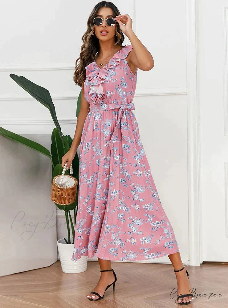 V-Neck Floral Pleated Dress