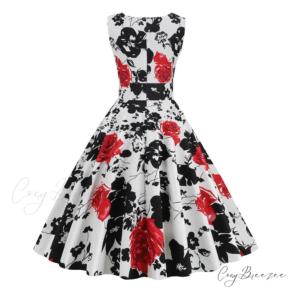 V-neck Floral Print Flare Dress M / Blue