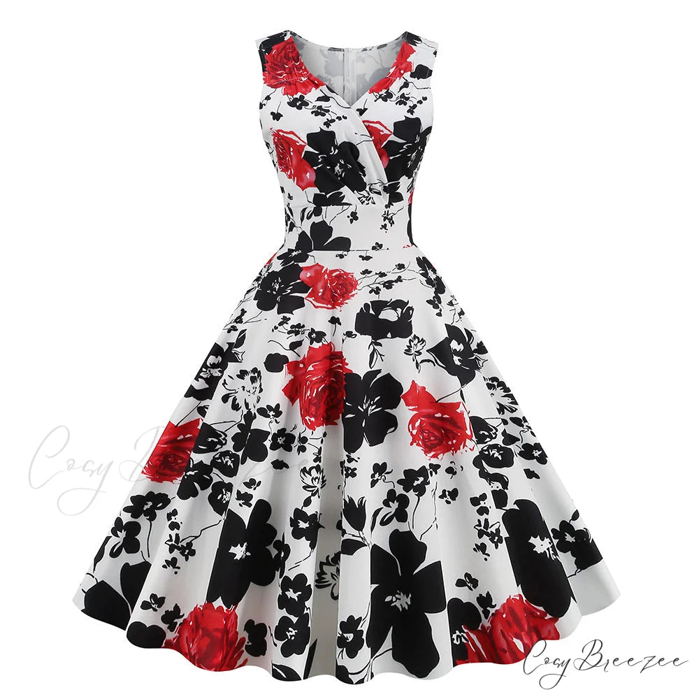 V-neck Floral Print Flare Dress S / Black