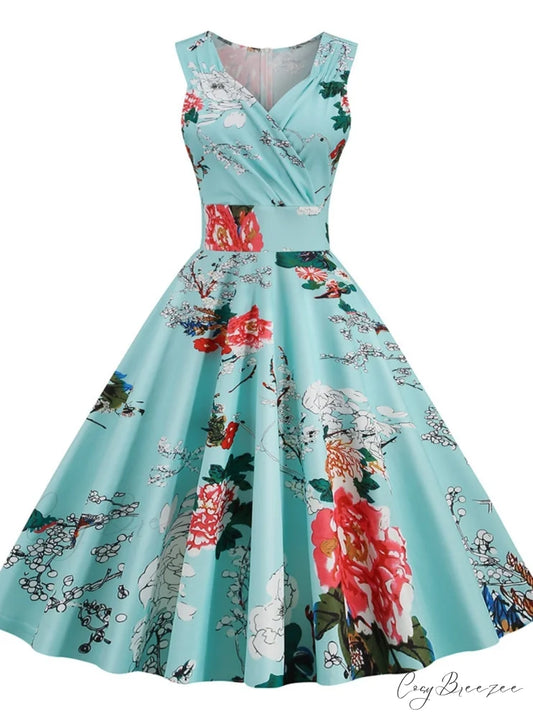 V-neck Floral Print Flare Dress S / Blue
