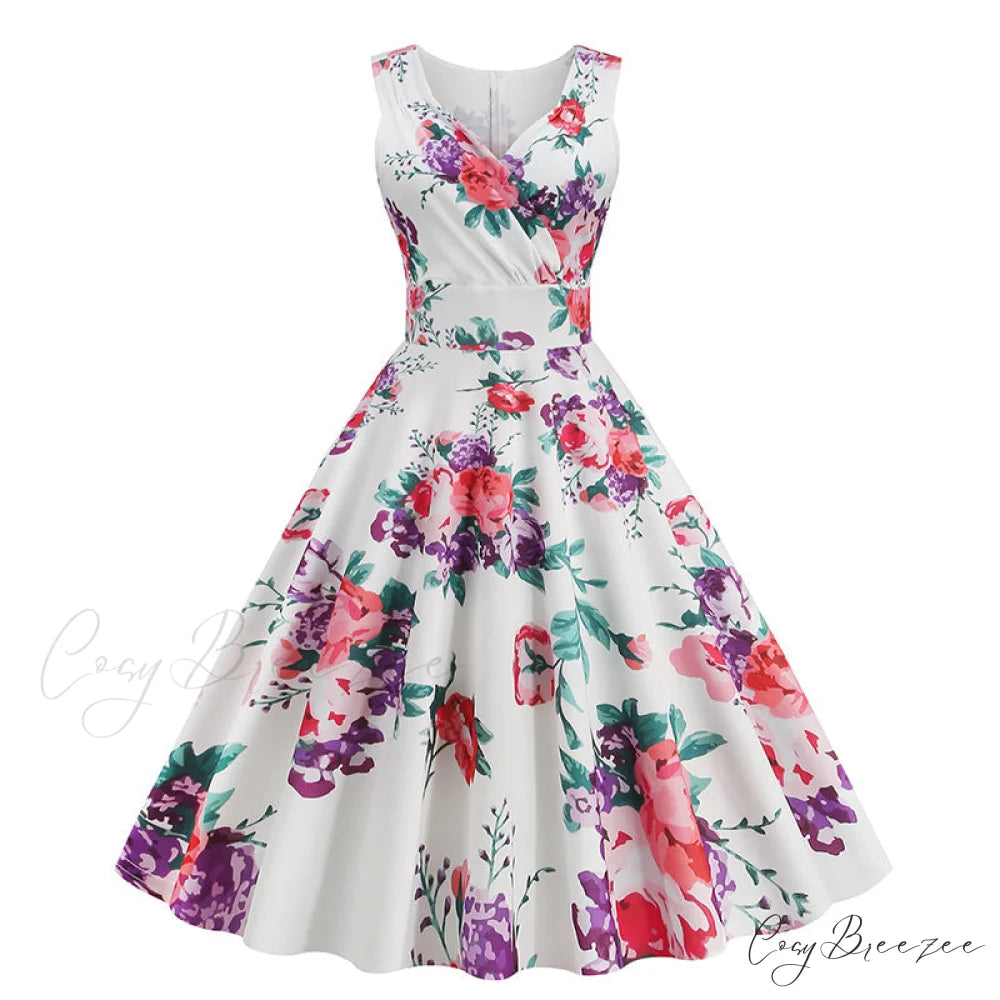 V-neck Floral Print Flare Dress S / Purple