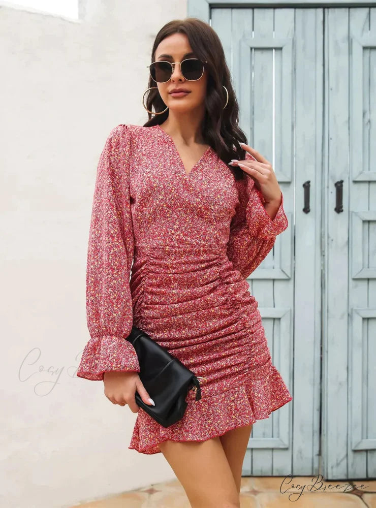 V-Neck Flounce Printed Chiffon Dress with Pleats S / BURGUNDY