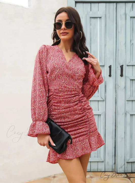 V-Neck Flounce Printed Chiffon Dress with Pleats S / BURGUNDY