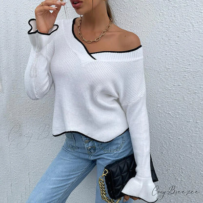 V-Neck Flounce Sweater with Sleeves White / S