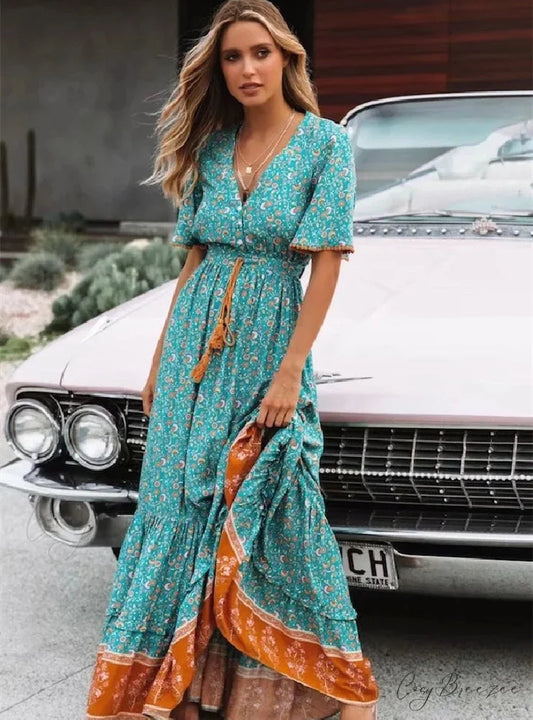 V-Neck Flowered Brief Full-Length with Gown Sleeves S / Blue