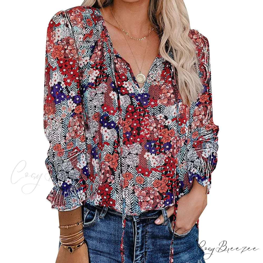 V-Neck Flowered Women’s Bohemian Dokotoo Top Blue / S