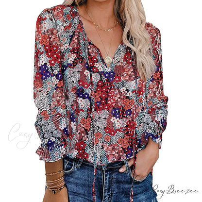 V-Neck Flowered Women’s Bohemian Dokotoo Top Blue / S