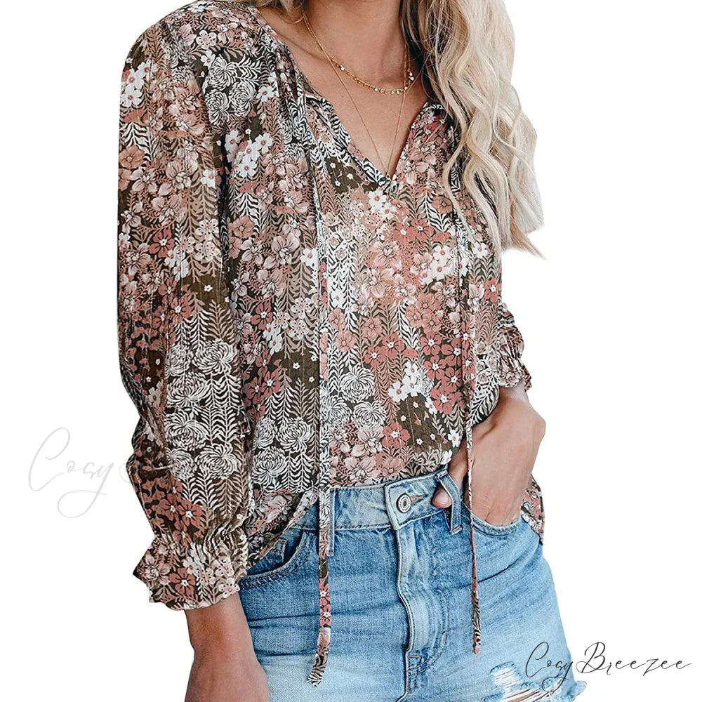 V-Neck Flowered Women’s Bohemian Dokotoo Top Khaki / S