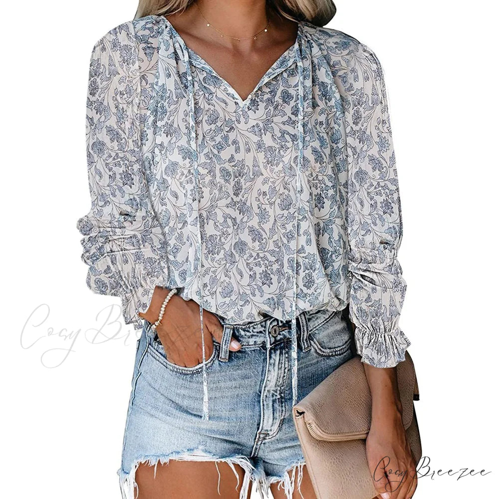 V-Neck Flowered Women’s Bohemian Dokotoo Top Sky Blue / S