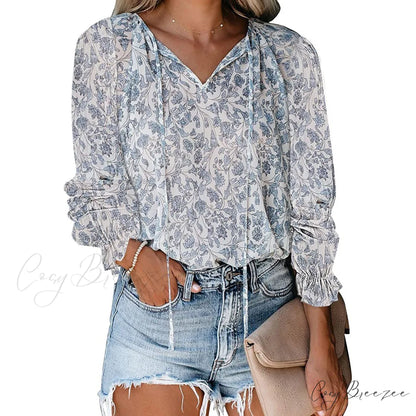 V-Neck Flowered Women’s Bohemian Dokotoo Top Sky Blue / S