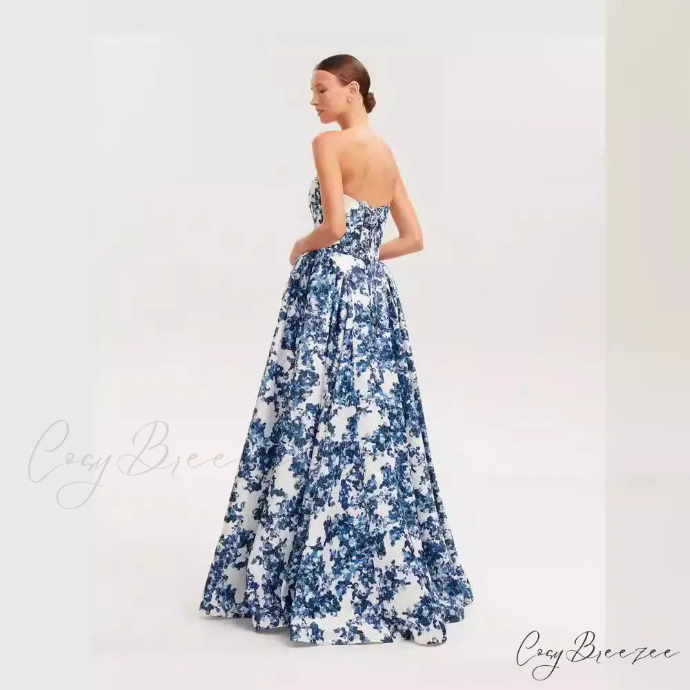 V-Neck Flowing Floral Formal Dress blue / S promdress-250223