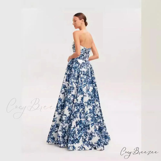 V-Neck Flowing Floral Formal Dress blue / S promdress-250223