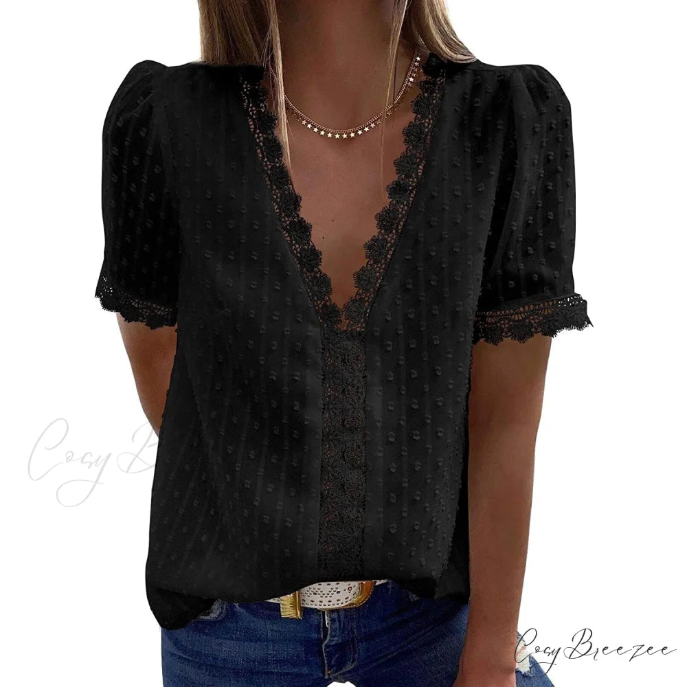 V-Neck for Lace Top Women Black / S