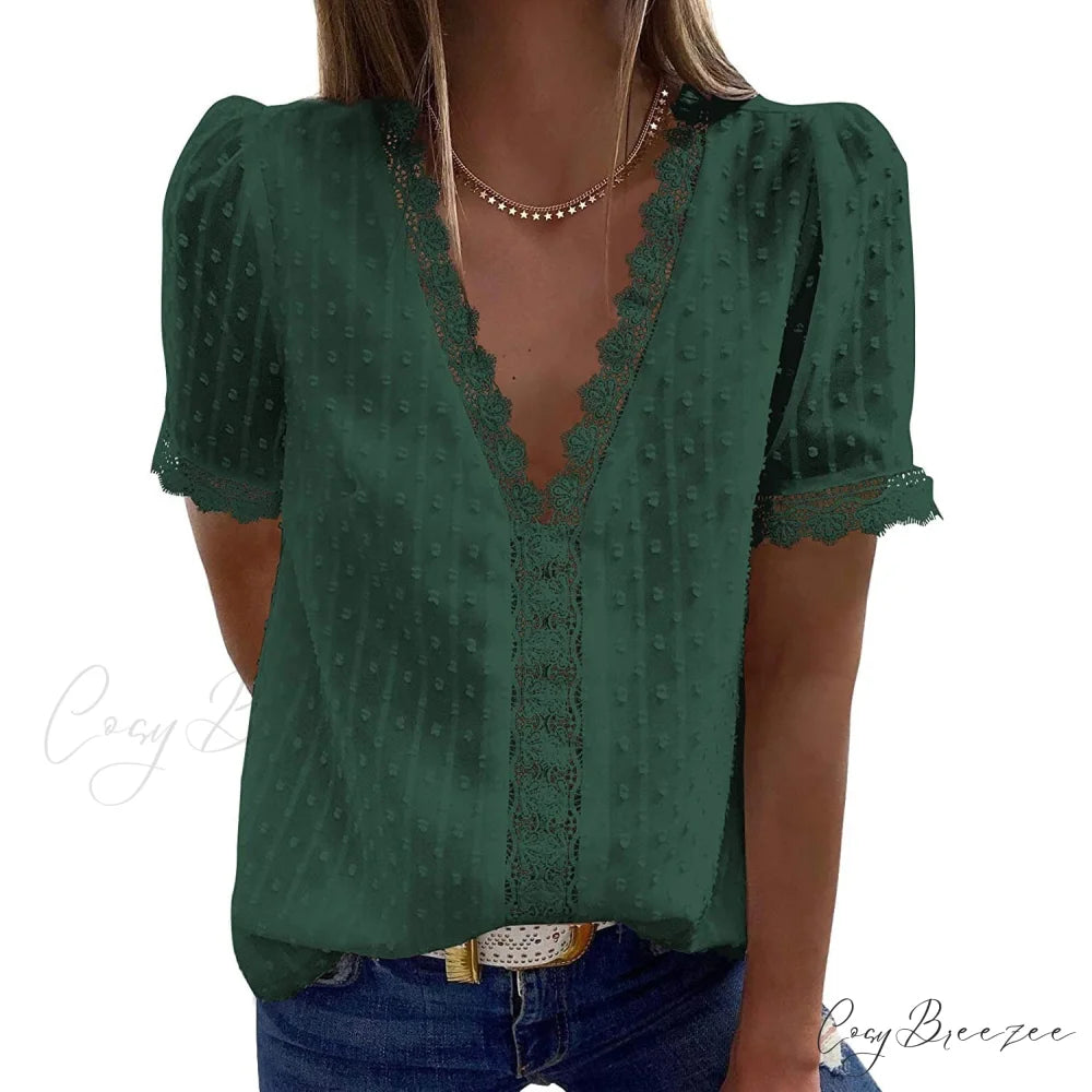 V-Neck for Lace Top Women Green / S