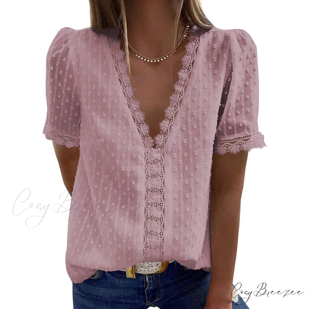 V-Neck for Lace Top Women Pink / S
