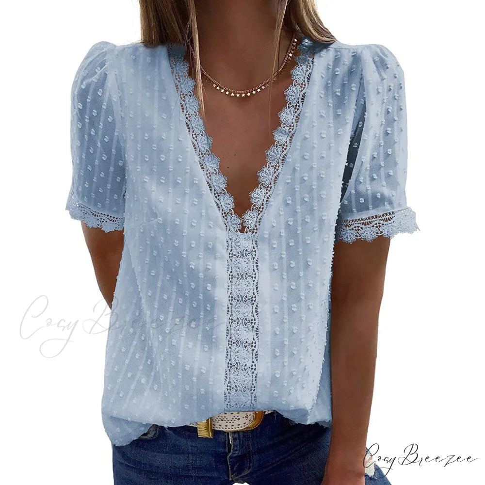 V-Neck for Lace Top Women Sky Blue / S