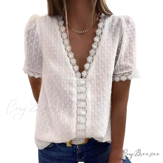 V-Neck for Lace Top Women White / S