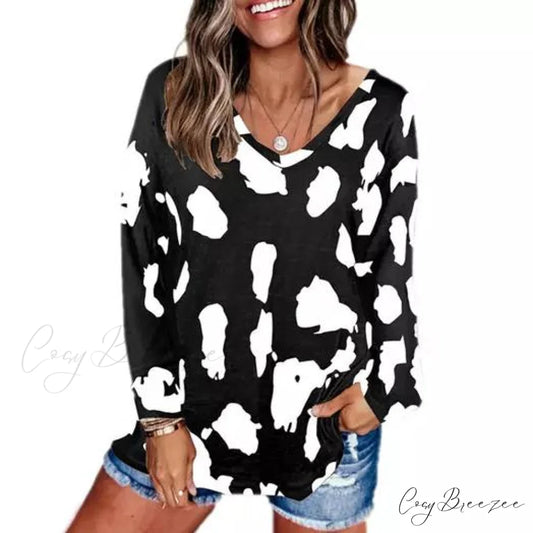 V-Neck for Top Design Leopard Women Black / S