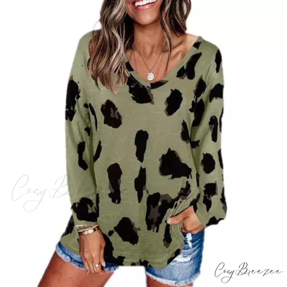 V-Neck for Top Design Leopard Women Green / S