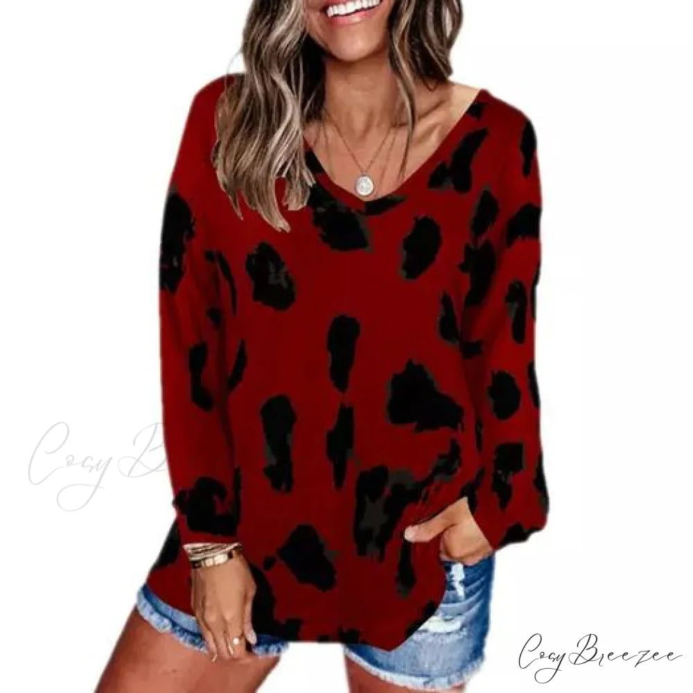 V-Neck for Top Design Leopard Women Wine / S