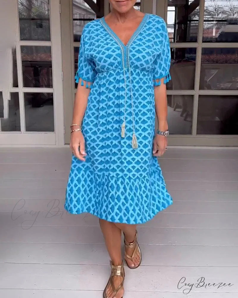 V-neck fringed dress Blue / S