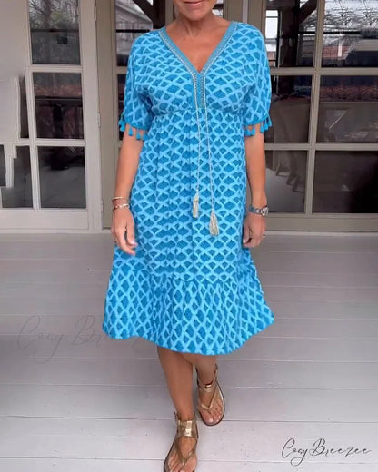 V-neck fringed dress Blue / S