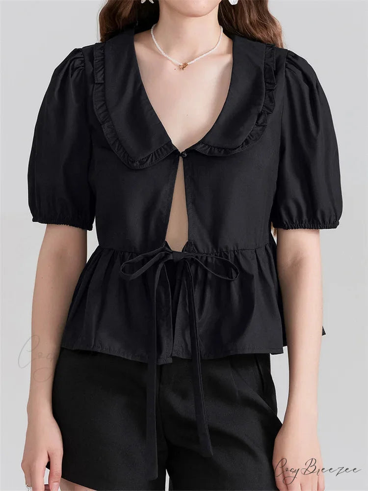 V-Neck Front Bowknot Tie-Up Shirt black / S blouse-250223