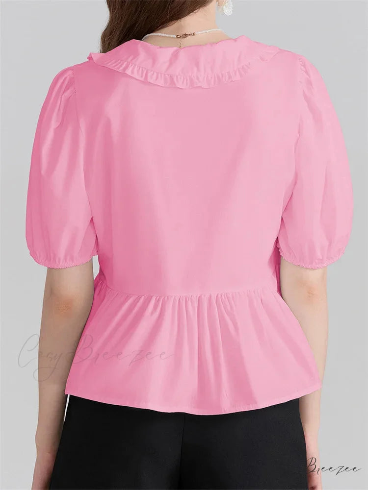 V-Neck Front Bowknot Tie-Up Shirt blouse-250223
