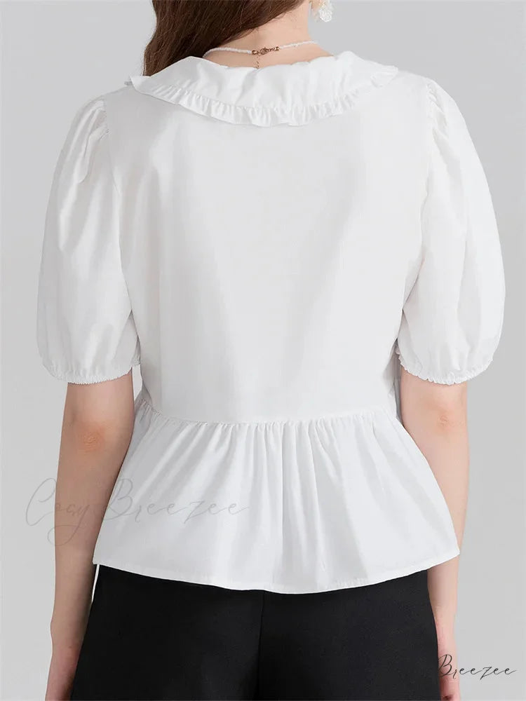 V-Neck Front Bowknot Tie-Up Shirt blouse-250223
