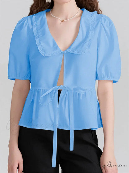 V-Neck Front Bowknot Tie-Up Shirt blue / S blouse-250223