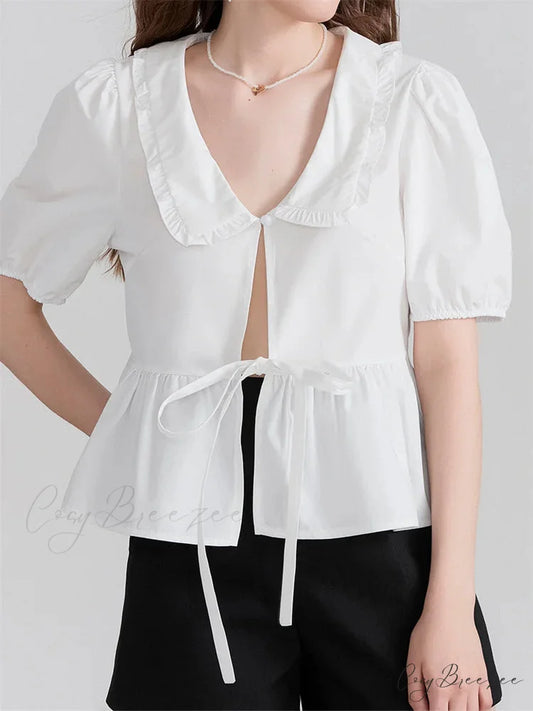 V-Neck Front Bowknot Tie-Up Shirt white / S blouse-250223