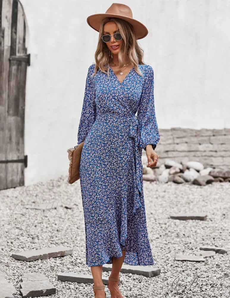 V Neck Full Sleeve High Waist Bandage Print Dress for Spring/Autumn L / KHAKI