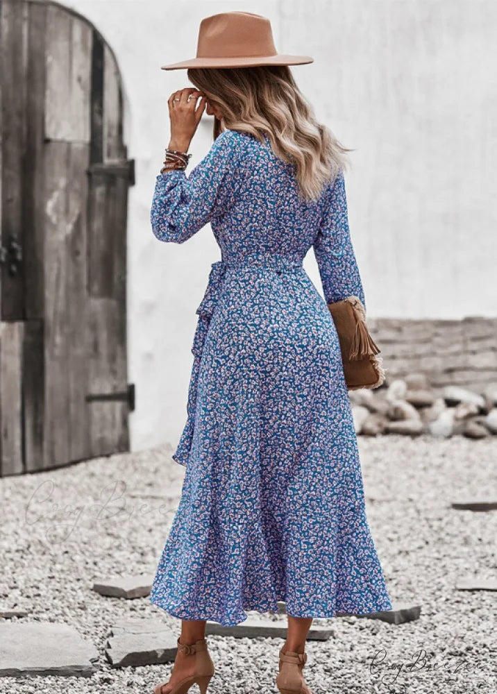 V Neck Full Sleeve High Waist Bandage Print Dress for Spring/Autumn L / RED