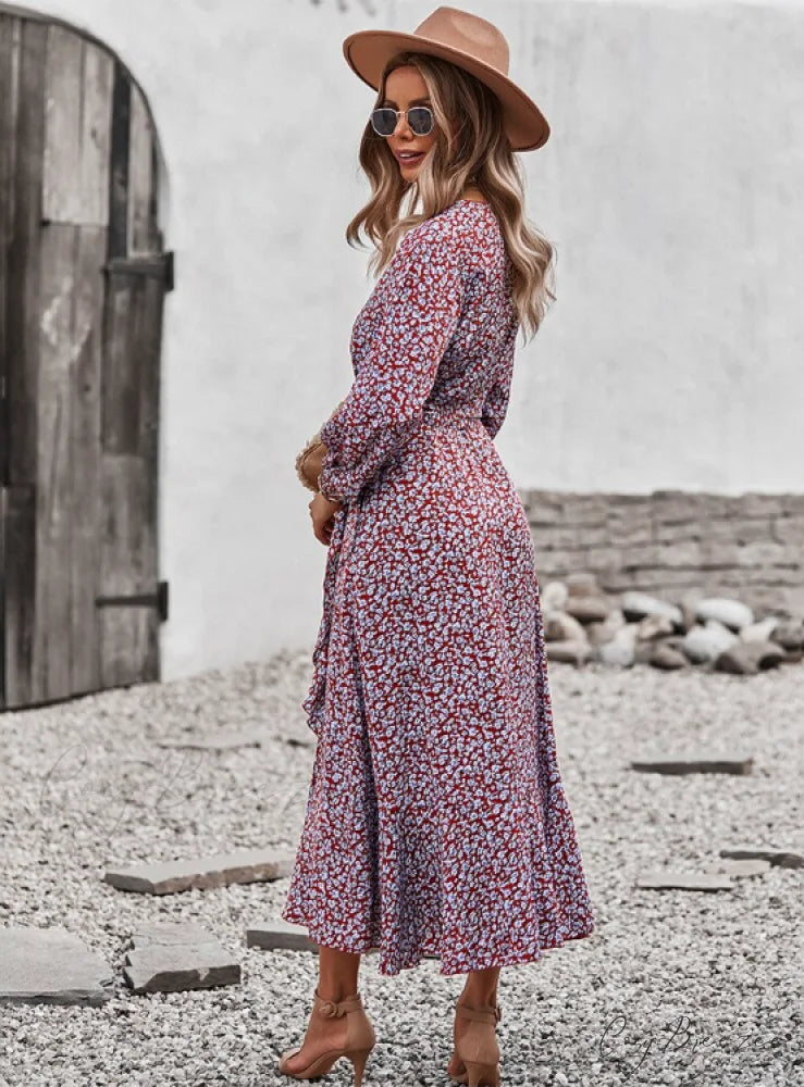 V Neck Full Sleeve High Waist Bandage Print Dress for Spring/Autumn M / KHAKI
