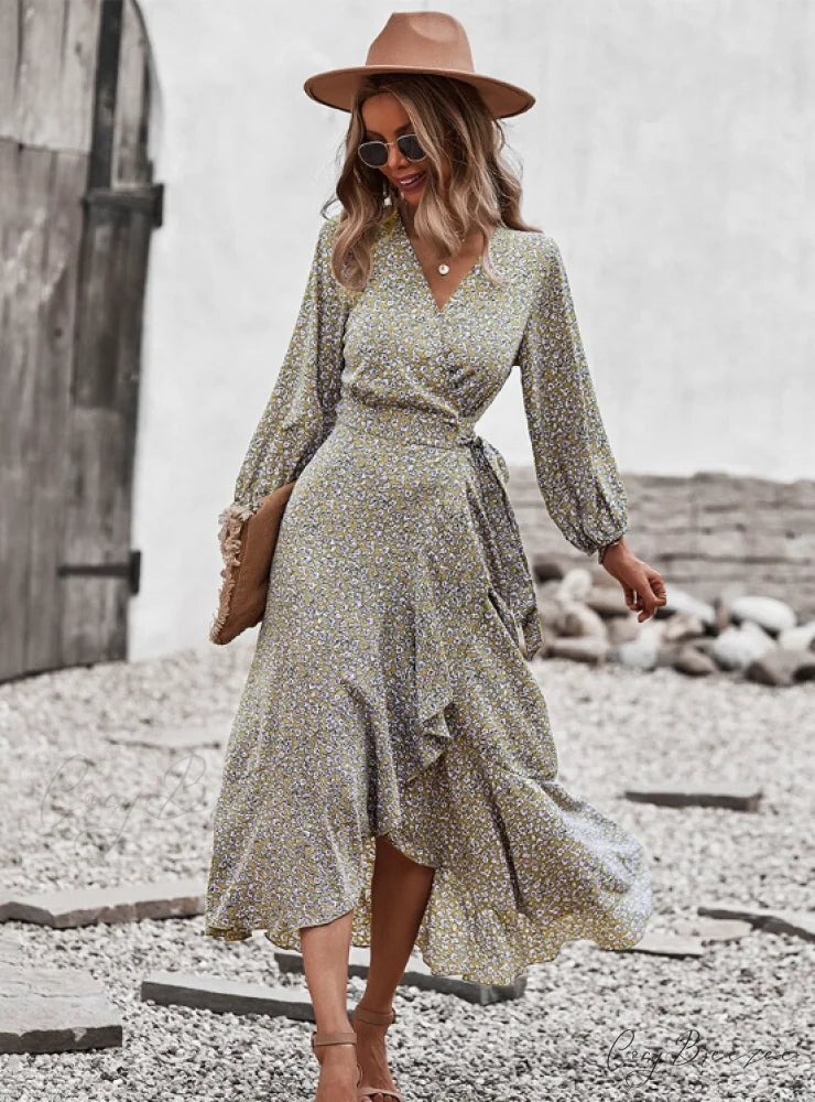 V Neck Full Sleeve High Waist Bandage Print Dress for Spring/Autumn M / RED
