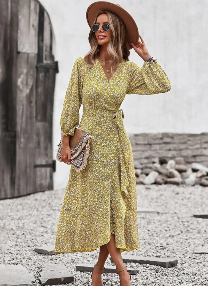 V Neck Full Sleeve High Waist Bandage Print Dress for Spring/Autumn S / BLACK