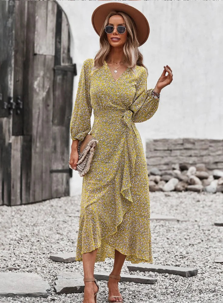 V Neck Full Sleeve High Waist Bandage Print Dress for Spring/Autumn S / BLUE