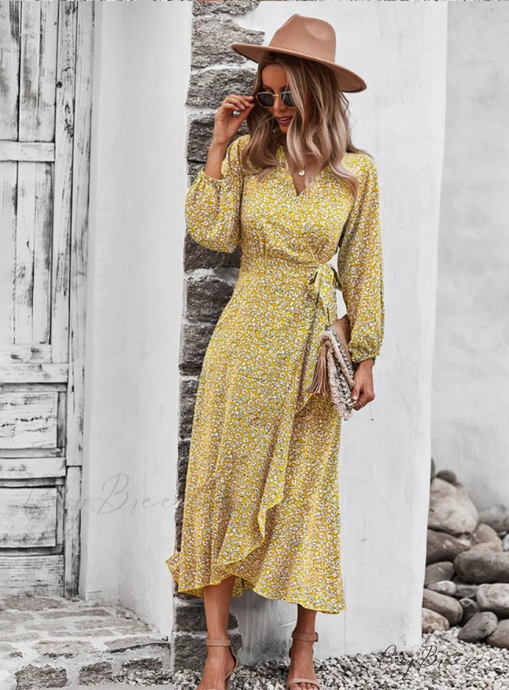 V Neck Full Sleeve High Waist Bandage Print Dress for Spring/Autumn S / KHAKI