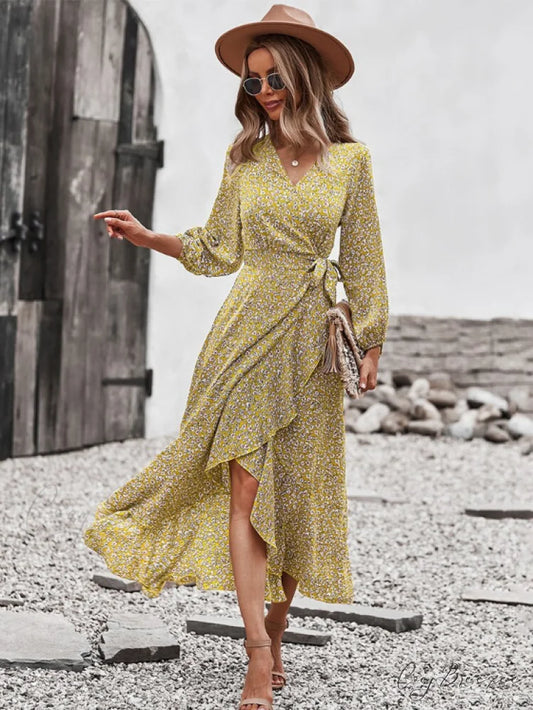V Neck Full Sleeve High Waist Bandage Print Dress for Spring/Autumn S / YELLOW