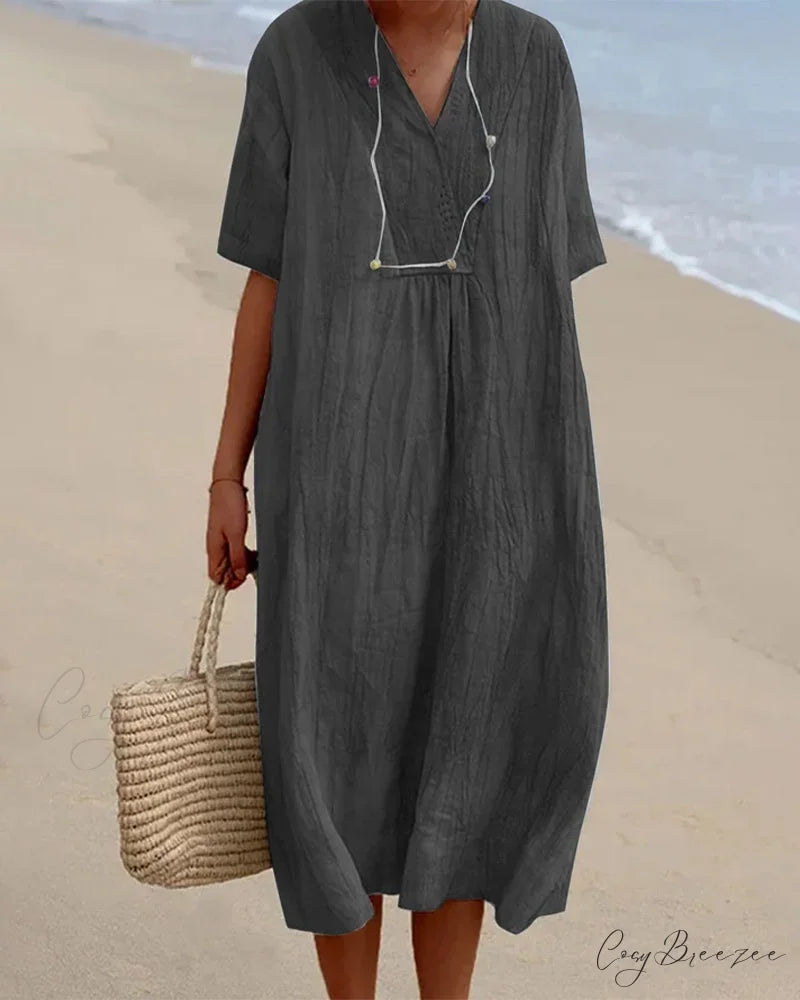 V Neck Half Sleeve Dress - Solid Color Black / S